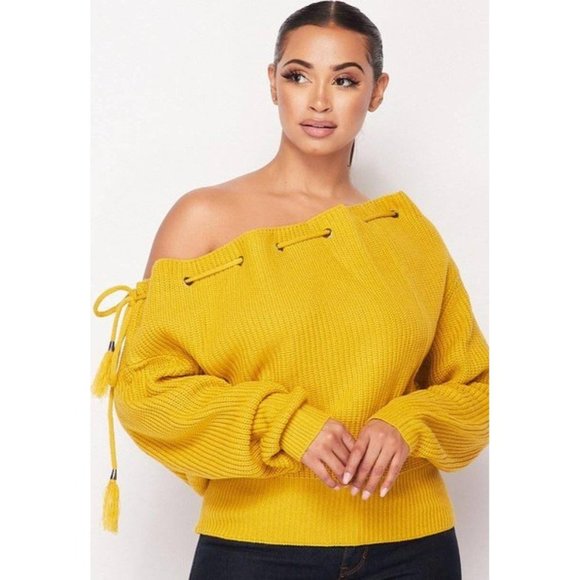 Honey Mustard Drawstring Off Shoulder Sweater - Picture 6 of 9